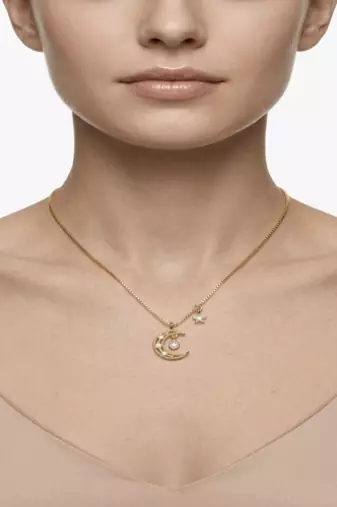 925 Sterling Silver Gold Plated Crescent Moon & Star Necklace with Cubic Zirconia