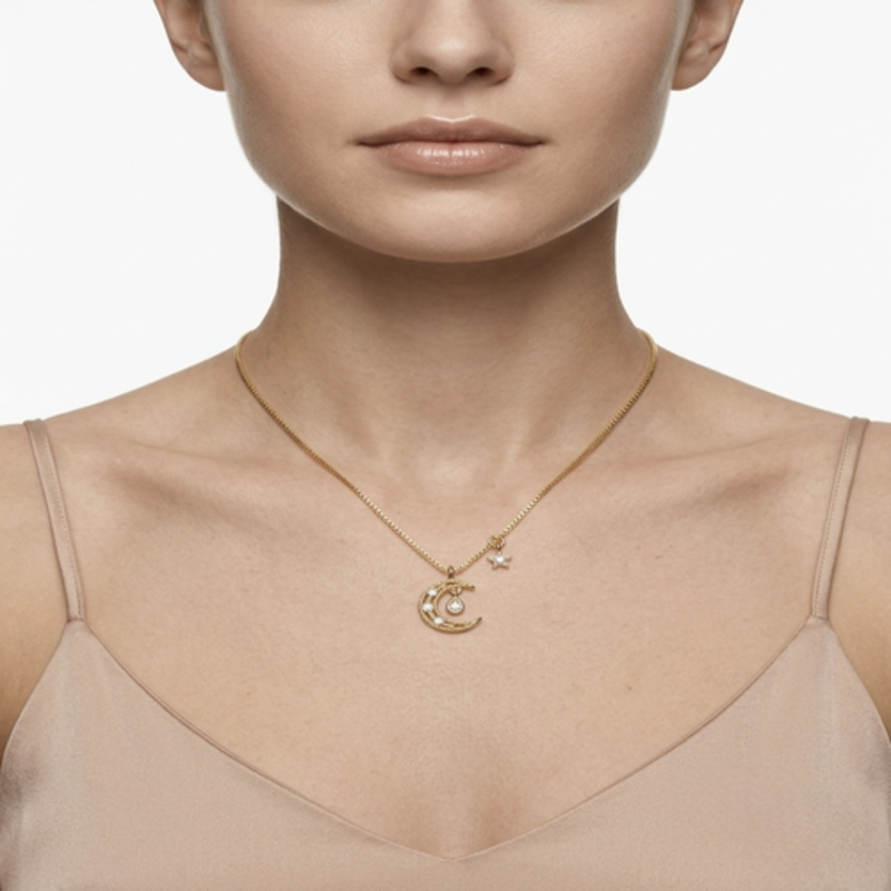 925 Sterling Silver Gold Plated Crescent Moon & Star Necklace with Cubic Zirconia