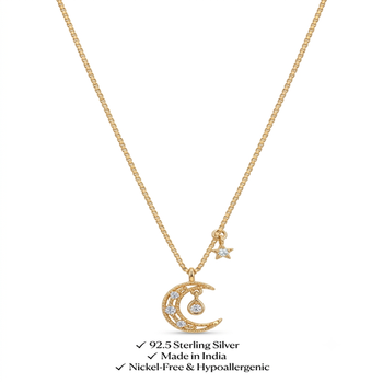 925 Sterling Silver Gold Plated Crescent Moon & Star Pendant Necklace Set  with Cubic Zircon 5