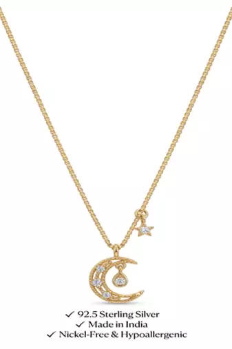 925 Sterling Silver Gold Plated Crescent Moon & Star Necklace with Cubic Zirconia
