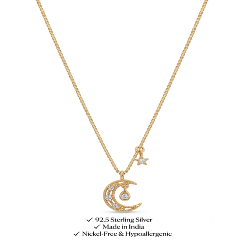 925 Sterling Silver Gold Plated Crescent Moon & Star Necklace with Cubic Zirconia