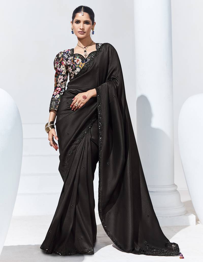 Black embroidery crush tissue fancy saree with blouse piece