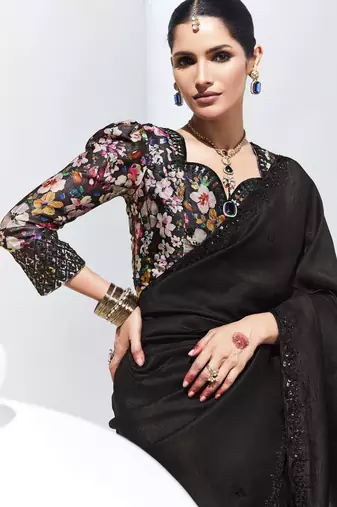 Black embroidery crush tissue fancy saree with blouse piece