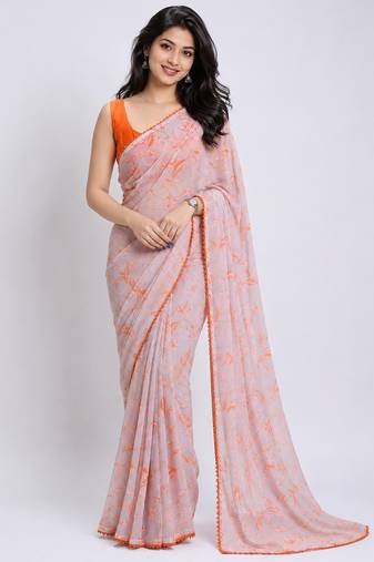 Fanta color all over floral printed with premium lace border georgette saree with unstitched blouse