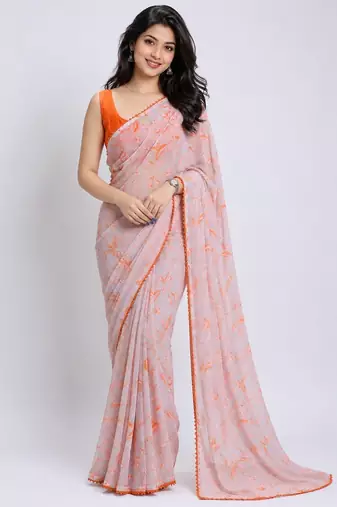 Fanta color all over floral printed with premium lace border georgette saree with unstitched blouse