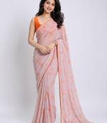 Fanta color all over floral printed with premium lace border georgette saree with unstitched blouse