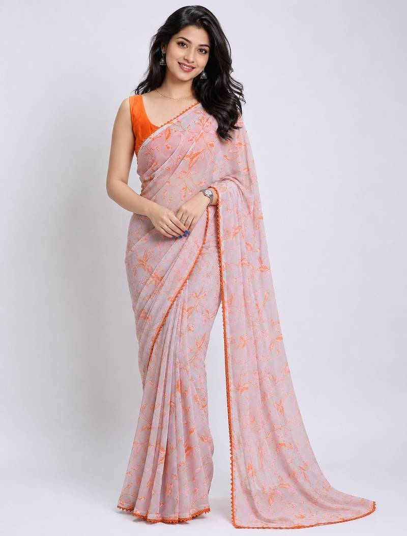 Fanta color all over floral printed with premium lace border georgette saree with unstitched blouse