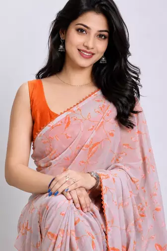 Fanta color all over floral printed with premium lace border georgette saree with unstitched blouse