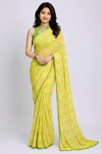 Lemon color all over floral printed with premium lace border georgette saree with unstitched blouse