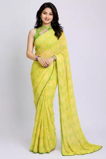 Lemon color all over floral printed with premium lace border georgette saree with unstitched blouse