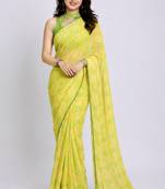 Lemon color all over floral printed with premium lace border georgette saree with unstitched blouse