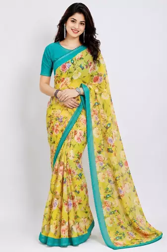 Yellow color all over floral printed with premium lace border georgette saree with unstitched blouse