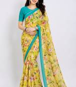 Yellow color all over floral printed with premium lace border georgette saree with unstitched blouse