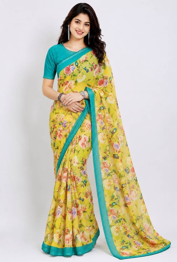 Yellow color all over floral printed with premium lace border georgette saree with unstitched blouse