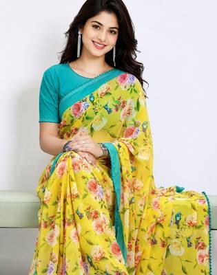 Yellow color all over floral printed with premium lace border georgette saree with unstitched blouse 2
