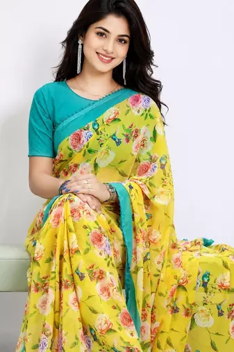 Yellow color all over floral printed with premium lace border georgette saree with unstitched blouse