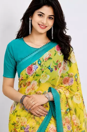Yellow color all over floral printed with premium lace border georgette saree with unstitched blouse