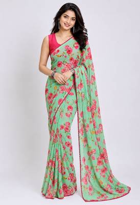 Pista color all over floral printed with premium lace border georgette saree with unstitched blouse 1