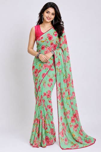 Pista color all over floral printed with premium lace border georgette saree with unstitched blouse