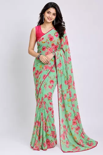 Pista color all over floral printed with premium lace border georgette saree with unstitched blouse