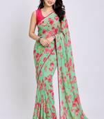Pista color all over floral printed with premium lace border georgette saree with unstitched blouse