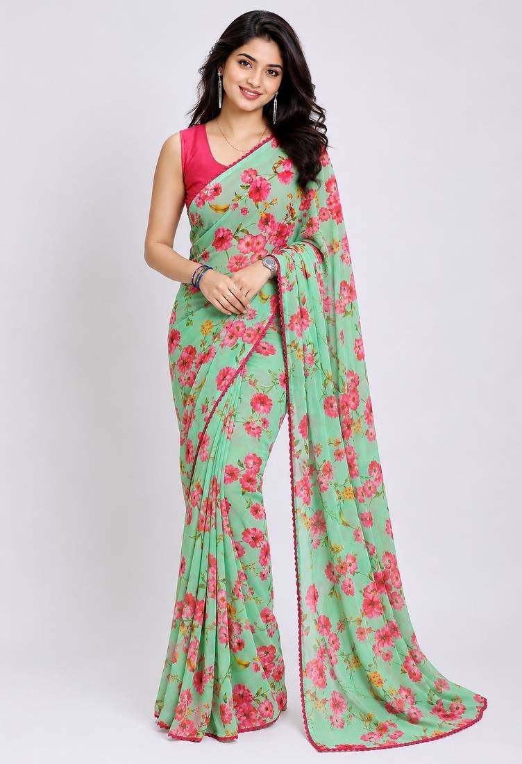 Pista color all over floral printed with premium lace border georgette saree with unstitched blouse