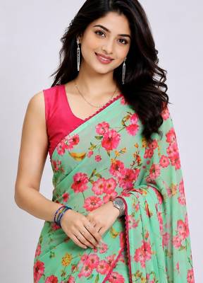 Pista color all over floral printed with premium lace border georgette saree with unstitched blouse 3
