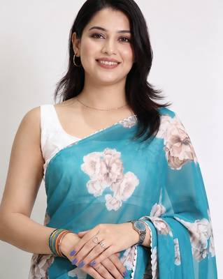 Color all over floral printed with premium lace border georgette saree with unstitched blouse 3