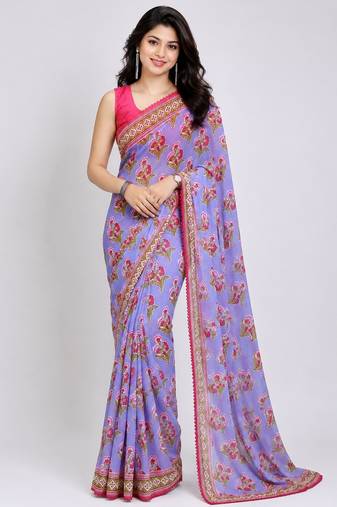 Purple color all over floral printed with premium lace border georgette saree with unstitched blouse