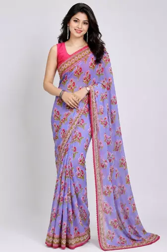 Purple color all over floral printed with premium lace border georgette saree with unstitched blouse