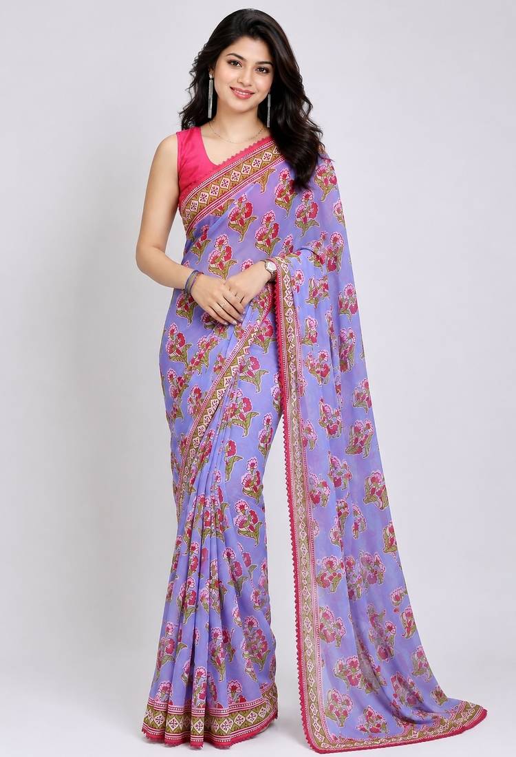 Purple color all over floral printed with premium lace border georgette saree with unstitched blouse