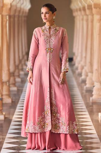Designer pink silk blend embroidered shrug plazzo suit