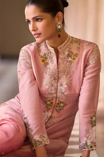 Designer pink silk blend embroidered shrug plazzo suit