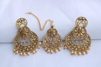 gold stone and pearl embellished earrings with maang tikka for women (rf18 7c 3) 2