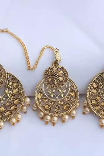 gold stone and pearl embellished earrings with maang tikka for women (rf18 7c 3)