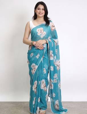 Color all over floral printed with premium lace border georgette saree with unstitched blouse 1