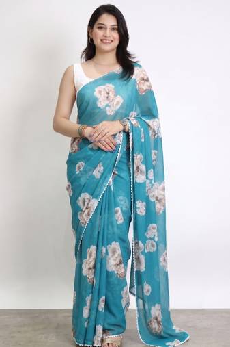 Color all over floral printed with premium lace border georgette saree with unstitched blouse