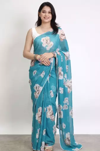 Color all over floral printed with premium lace border georgette saree with unstitched blouse