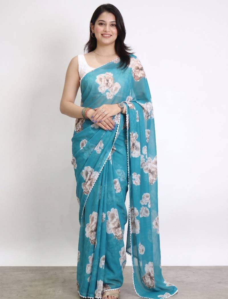 Color all over floral printed with premium lace border georgette saree with unstitched blouse