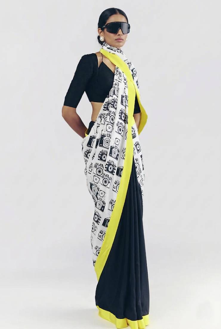 Satin camera print ready to wear saree