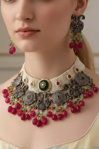 The ruby emerald peacock kundan set