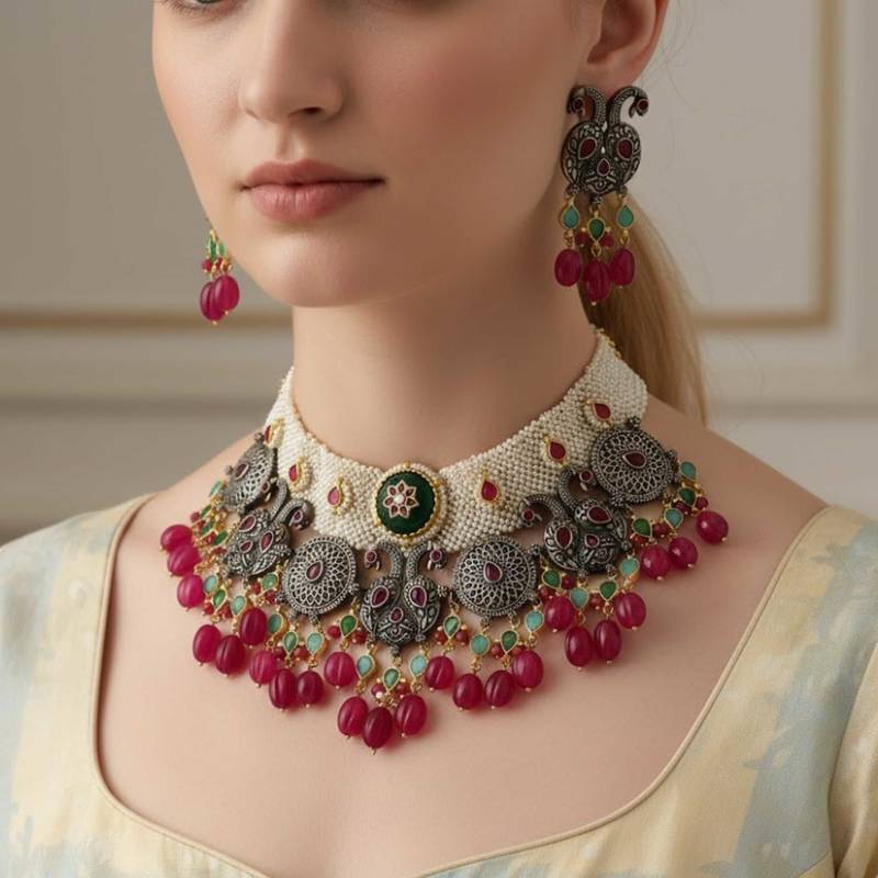 The ruby emerald peacock kundan set