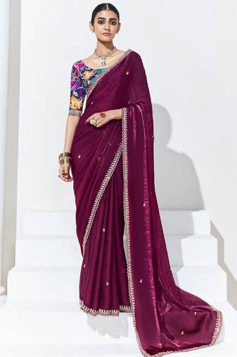 Maroon embroidery heavy shimmer fancy saree with blouse piece