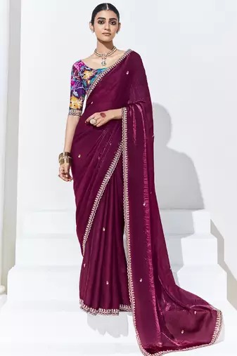 Maroon embroidery heavy shimmer fancy saree with blouse piece