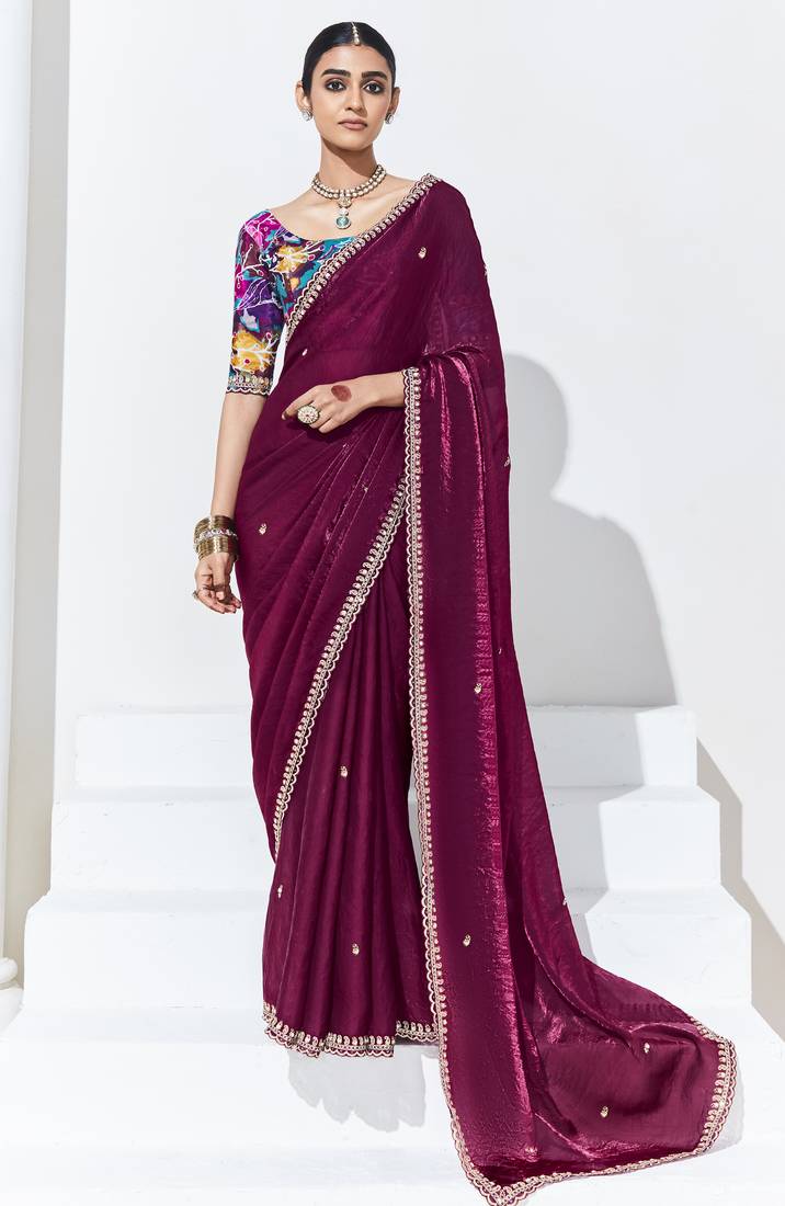 Maroon embroidery heavy shimmer fancy saree with blouse piece