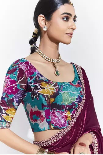 Maroon embroidery heavy shimmer fancy saree with blouse piece