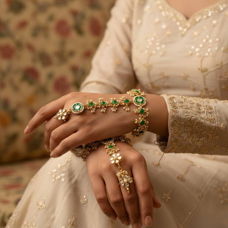 The emerald kundan hathphool set