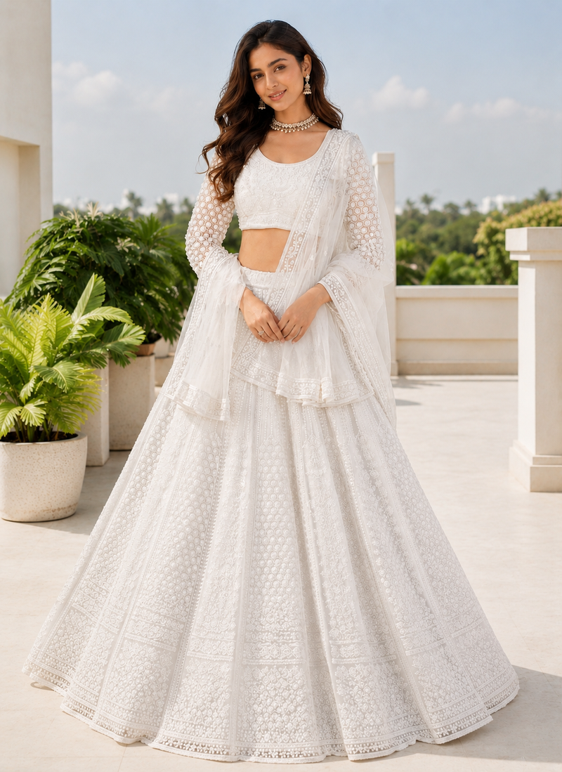 Designer White Sequins Embroidered Net Lehenga Choli with Soft Net Dupatta