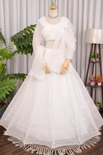 Designer White Sequins Embroidered Net Lehenga Choli with Soft Net Dupatta