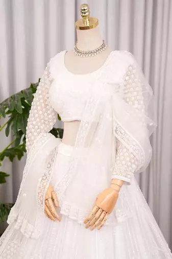 Designer White Sequins Embroidered Net Lehenga Choli with Soft Net Dupatta